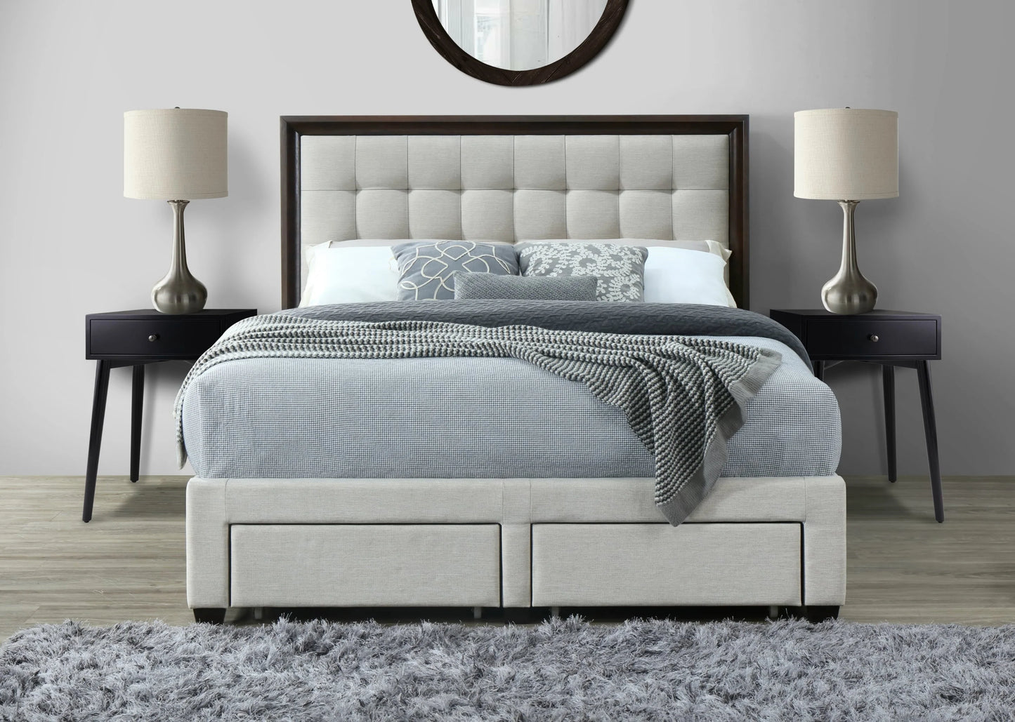 DG Casa Soloman Upholstered Panel Bed Frame with Storage Drawers and Wood Trim Tufted Headboard, King Size in Beige Linen Style Fabric...