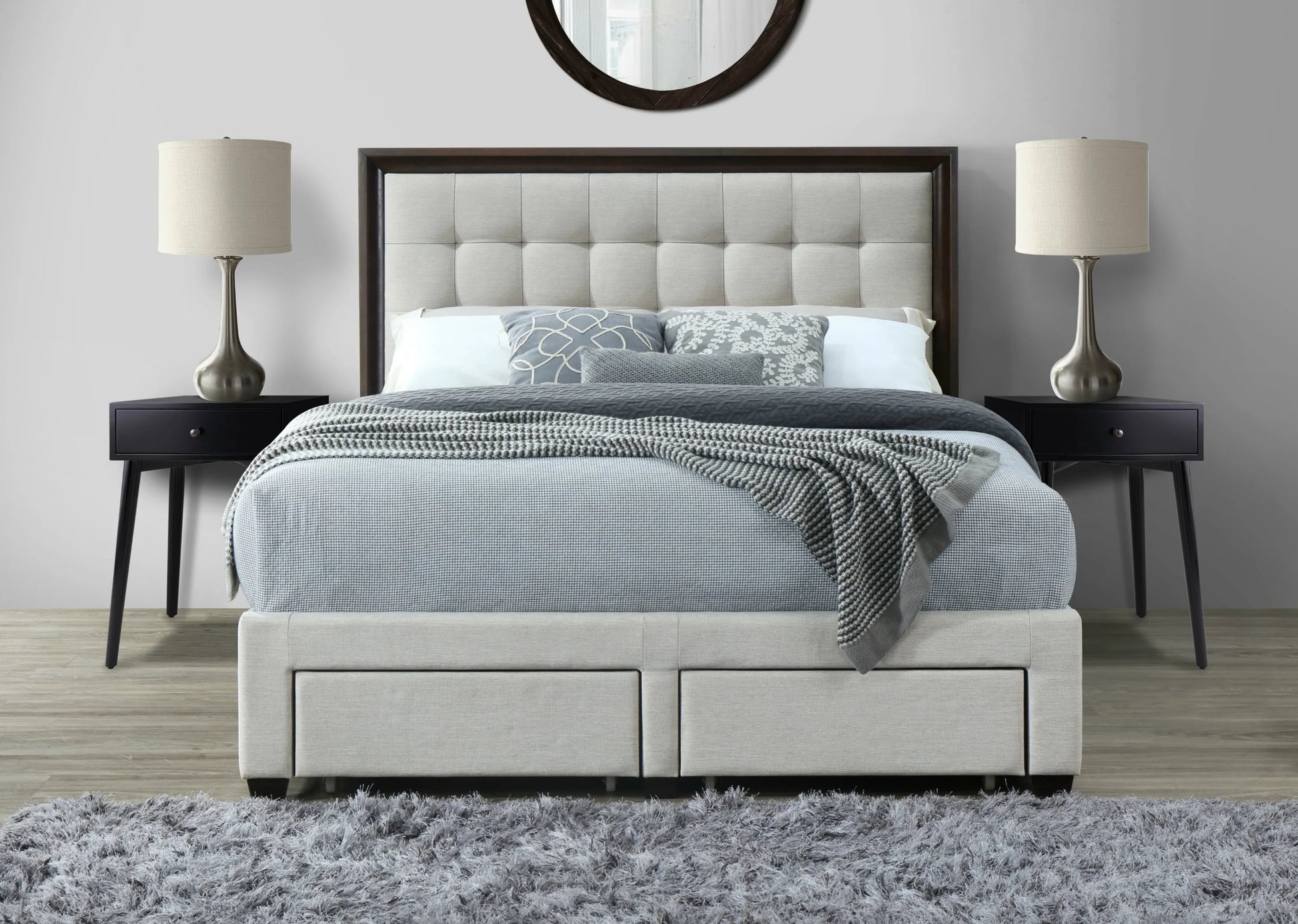 DG Casa Soloman Upholstered Panel Bed Frame with Storage Drawers and Wood Trim Tufted Headboard, King Size in Beige Linen Style Fabric...