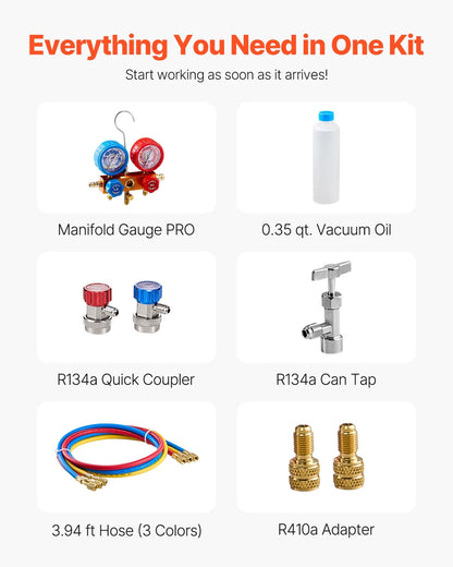 KFFKFF 3.5 CFM AC Vacuum Pump and Gauge Set, Single Stage Rotary Vane HVAC Air Vacuum Pump, A/C Refrigerant Manifold Gauge Kit, with Hoses, for R134a, R12, R22, R502a, R410A, R404, R407C Refrigerants