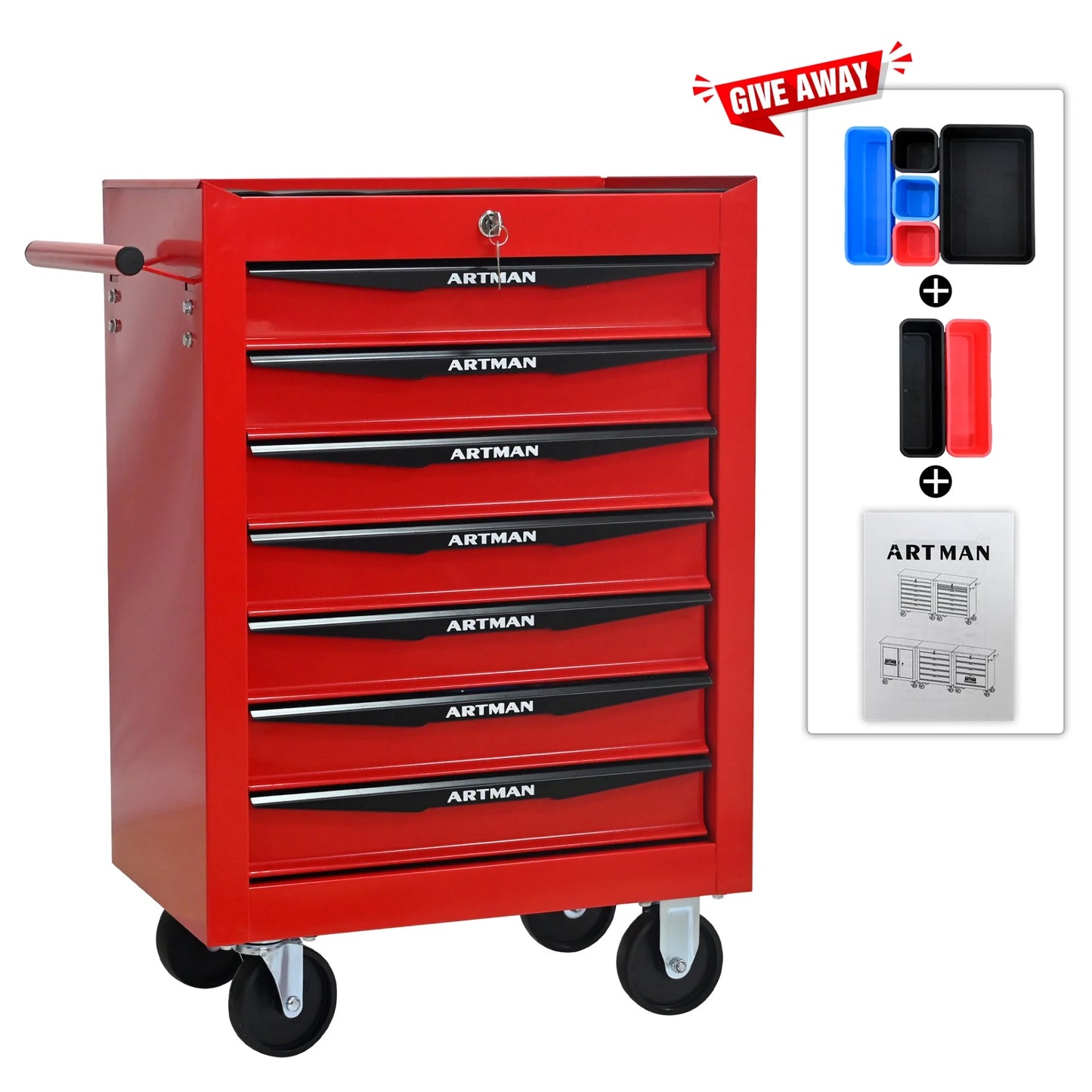 Rolling Steel Tool Chest with 7 Drawers, Ball Bearing Slides & 4-Wheel Mobility - Lockable Storage Cabinet for Workshop or Garage