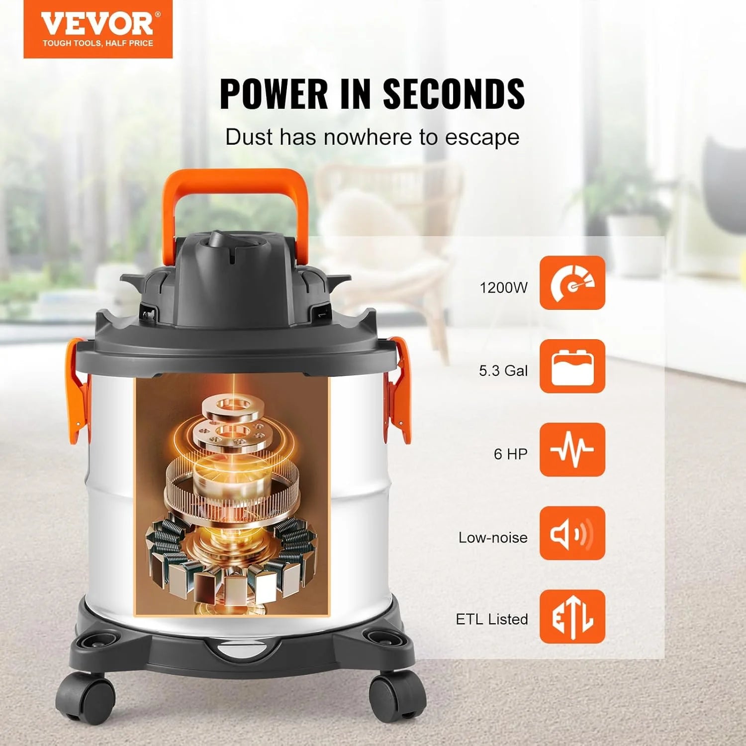 Stainless Steel Wet Dry Shop Vacuum, 5.5 Gallon 6 Peak HP Wet/Dry Vac, Powerful Suction with Blower Function w/Attachment 2-in-1 Crevice Nozzle, Small Vac Perfect for Carpet Debris, Pet Hair