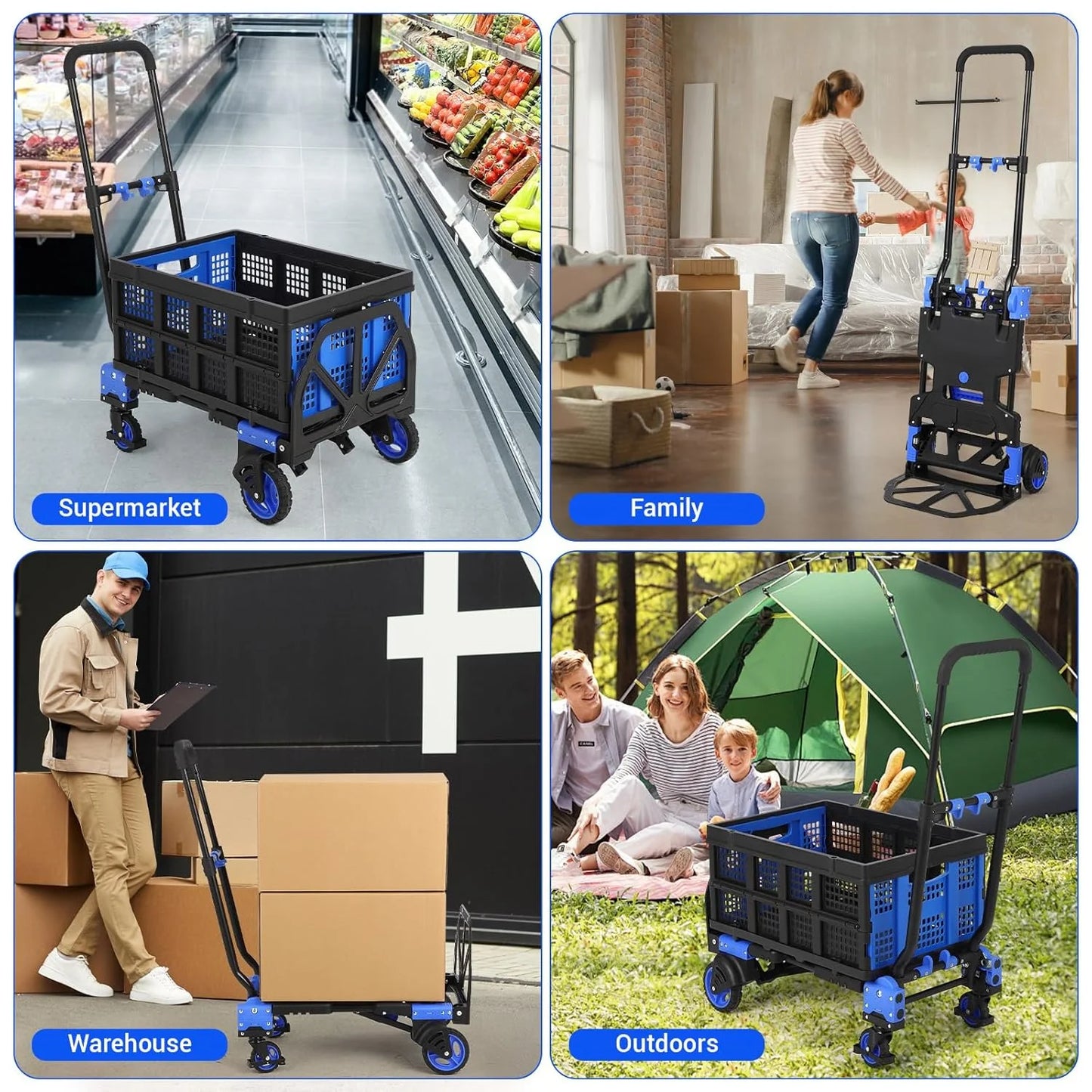 Garvee Folding Hand Truck Dolly with Basket, 2-in-1 Heavy Duty Dolly Cart with Wheels, 330LBS Capacity Convertible Handcart with Retractable Handle for Moving, Blue+Black