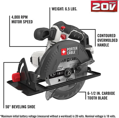 PORTER CABLE PCC660B 20V MAX Lithium-Ion 6-1/2-Inch Cordless Circular Saw (Bare Tool/Battery Sold Seperately)