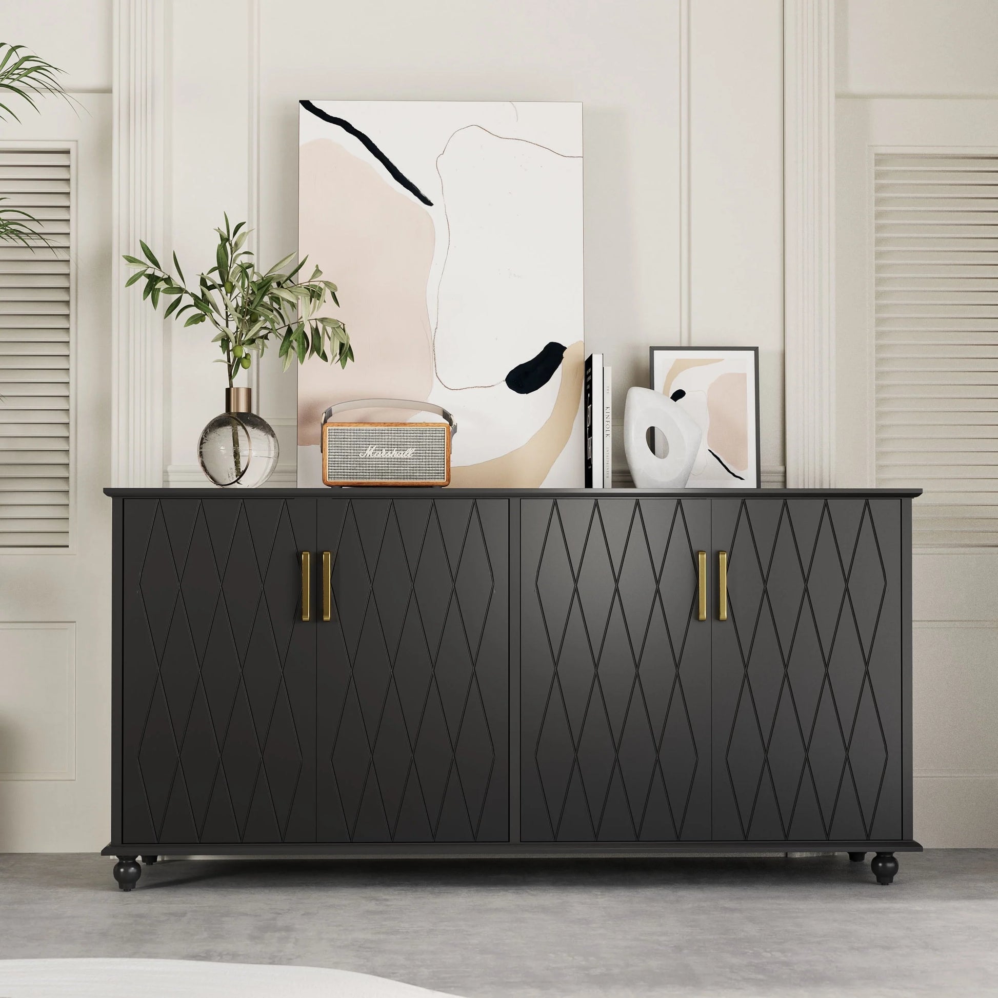 RULI Sideboard Buffet Cabinet Stand for Storage, 62 Inch Coffee Bar Cabinet with 4 Compartments, Kitchen Cupboard Console Table for Living Room, Dining Room, Black