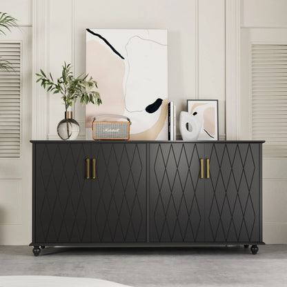 RULI Sideboard Buffet Cabinet Stand for Storage, 62 Inch Coffee Bar Cabinet with 4 Compartments, Kitchen Cupboard Console Table for Living Room, Dining Room, Black