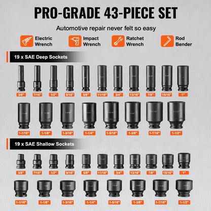 SKYSHALO 43-Pc Impact Socket Set, 1/2" Drive, SAE 3/8"-1-1/2", Deep & Shallow, 6-Point, Cr-Mo Steel, for Automotive Repair, Clear Size Labels, Durable, Includes Case