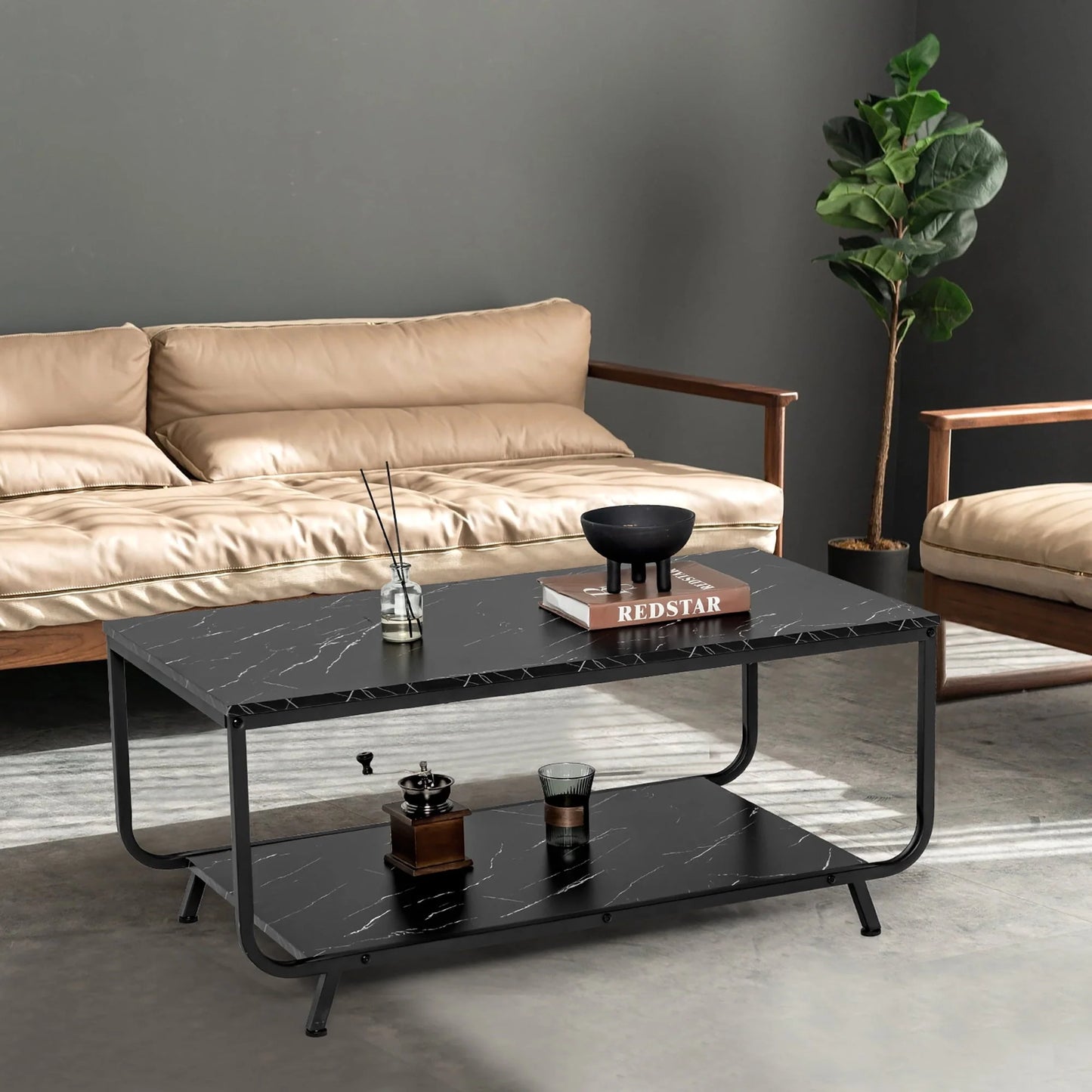 Costway Coffee Table 2-Tier Modern Marble Coffee Table W/Storage Shelf for Living Room