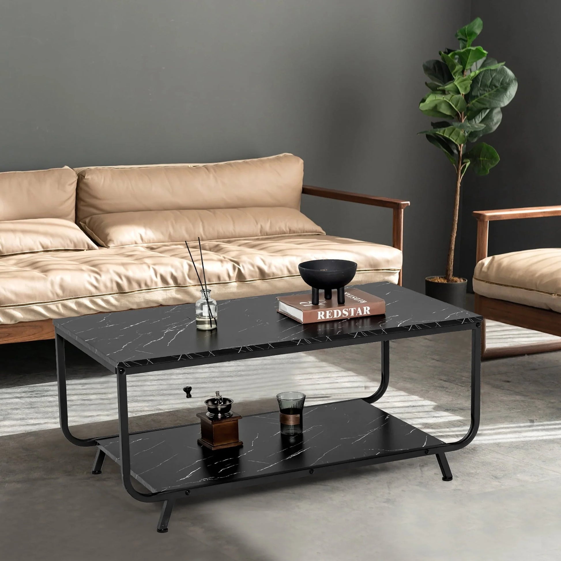 Costway Coffee Table 2-Tier Modern Marble Coffee Table W/Storage Shelf for Living Room