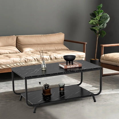 Costway Coffee Table 2-Tier Modern Marble Coffee Table W/Storage Shelf for Living Room