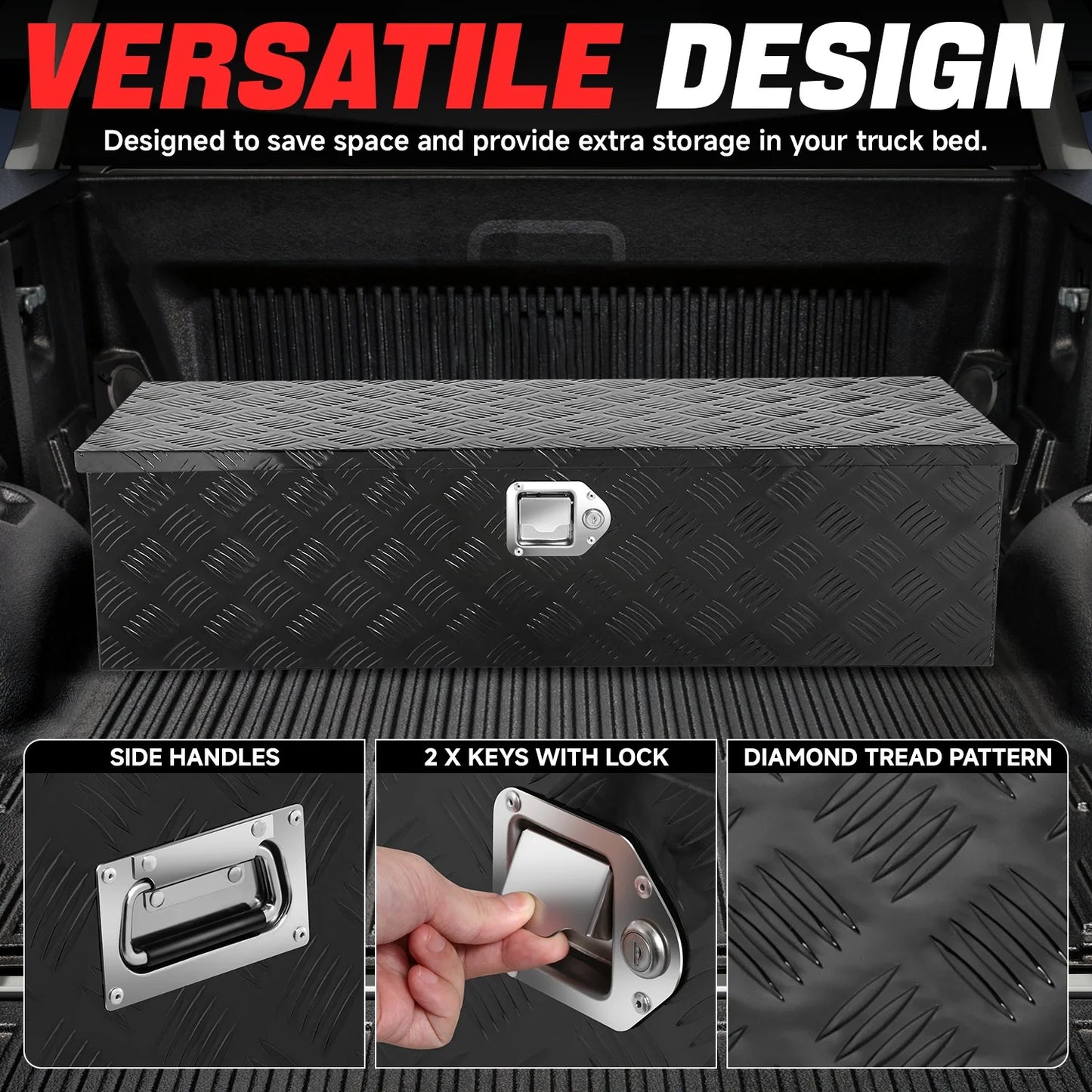 DNA Motoring 39"x13.4"x10" Aluminum Tool Box Pickup Truck Bed RV Trailer Storage w/Lock & Key Black
