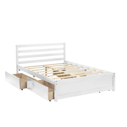 Full Size Platform Bed with 4 Storage Drawers, Solid Wood Bed Frame with Headboard and Slat Support, Storage Bed Frame for Kids Adults Bedroom, Easy Assembly, White