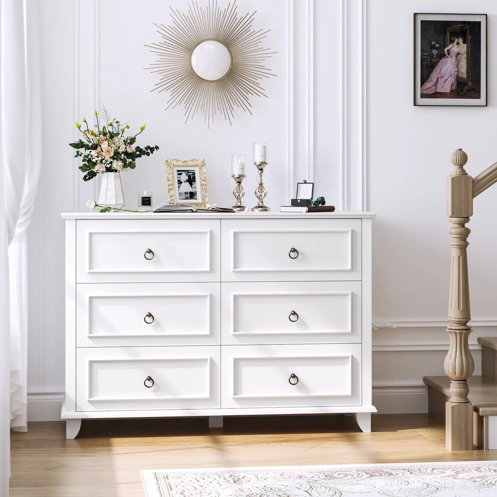 Homfa 6 Drawers Double Dresser, 47'' Wide Storage Cabinet Chest of Drawer for Bedroom Living Room, White