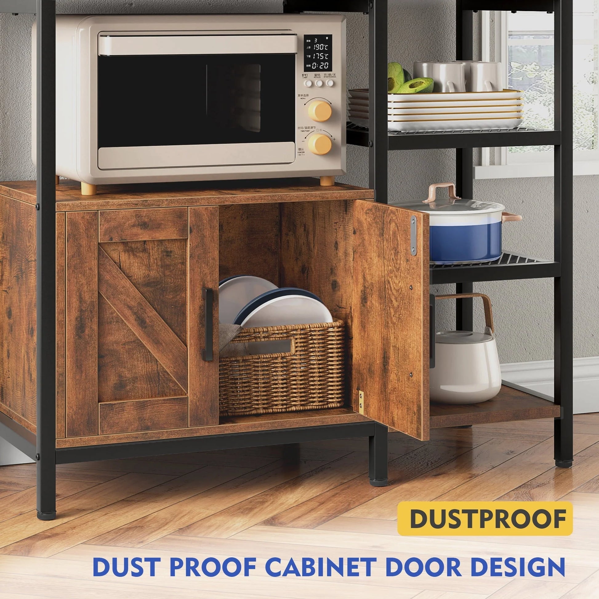 EnHomee 6 Tier Kitchen Bakers Rack Microwave Oven Stand with Storage Coffee Bar with Shelves Cabinet Hooks, 29.5" W * 13.9" D * 63" H Rustic Brown