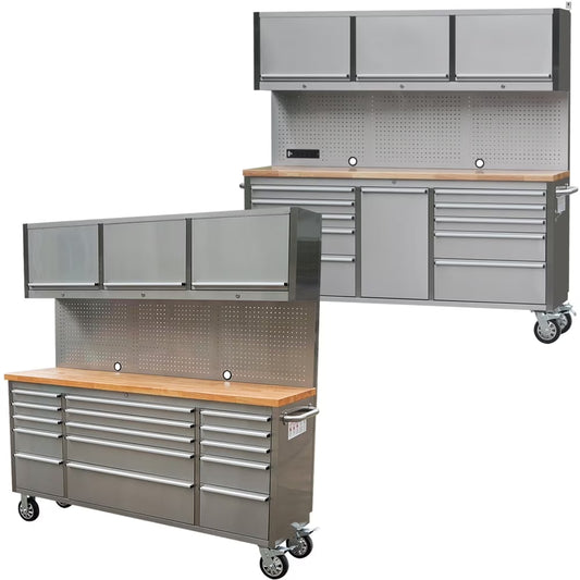 72 inch 11 Drawers Tool Chest with 3 Up Cabinet & Pegboard in Stainless Steel, Large Lockable Mobile Workbench with 6 Blue Storage Bins, Tool Box for Garage, Workshop (1 HTC7214W1+ 1 HTC7218W1)