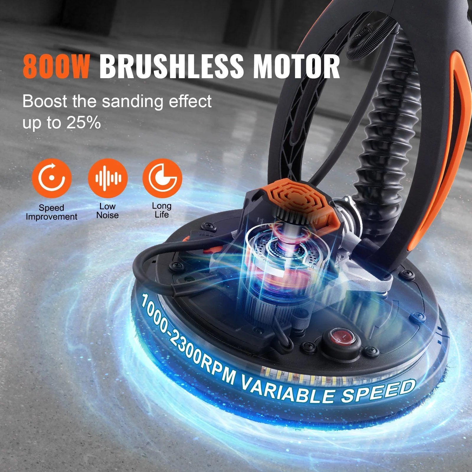 Professional Drywall Sander 800W, Brushless Motor, 5-Speed Adjustment (1000-2300 RPM)