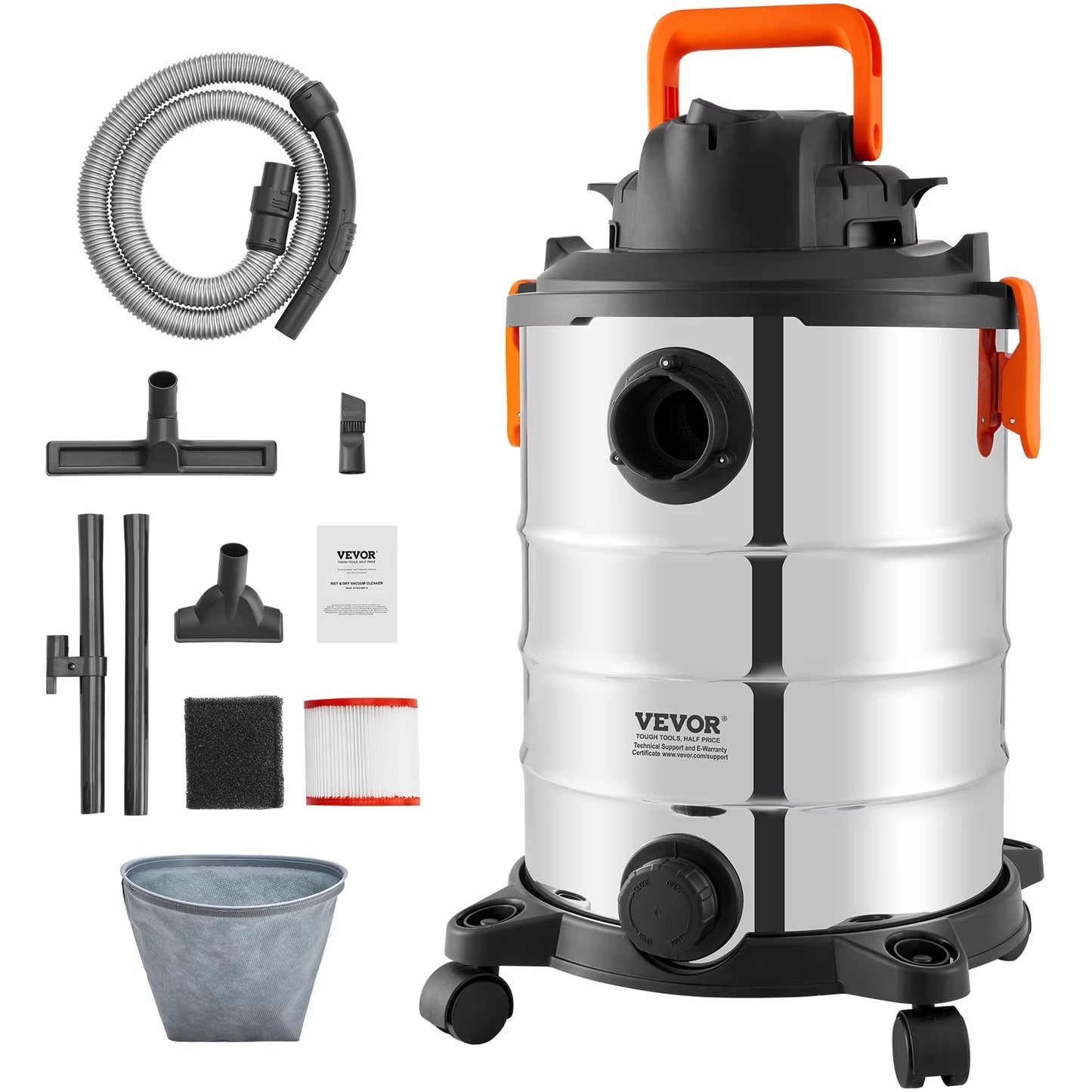VEVOR Stainless Steel Wet Dry Shop Vacuum, 8 Gallon 6 Peak HP Wet/Dry Vac, Powerful Suction with Blower Function w/Attachment 2-in-1 Crevice Nozzle, Small Shop Vac Perfect for Carpet Debris