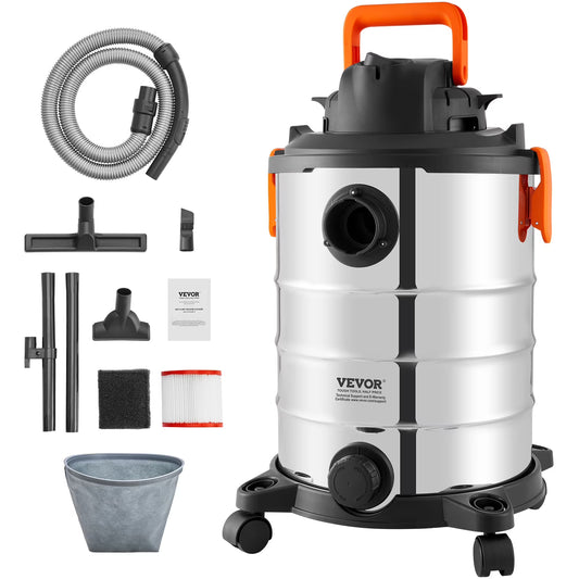 VEVOR Stainless Steel Wet Dry Shop Vacuum, 8 Gallon 6 Peak HP Wet/Dry Vac, Powerful Suction with Blower Function w/Attachment 2-in-1 Crevice Nozzle, Small Shop Vac Perfect for Carpet Debris