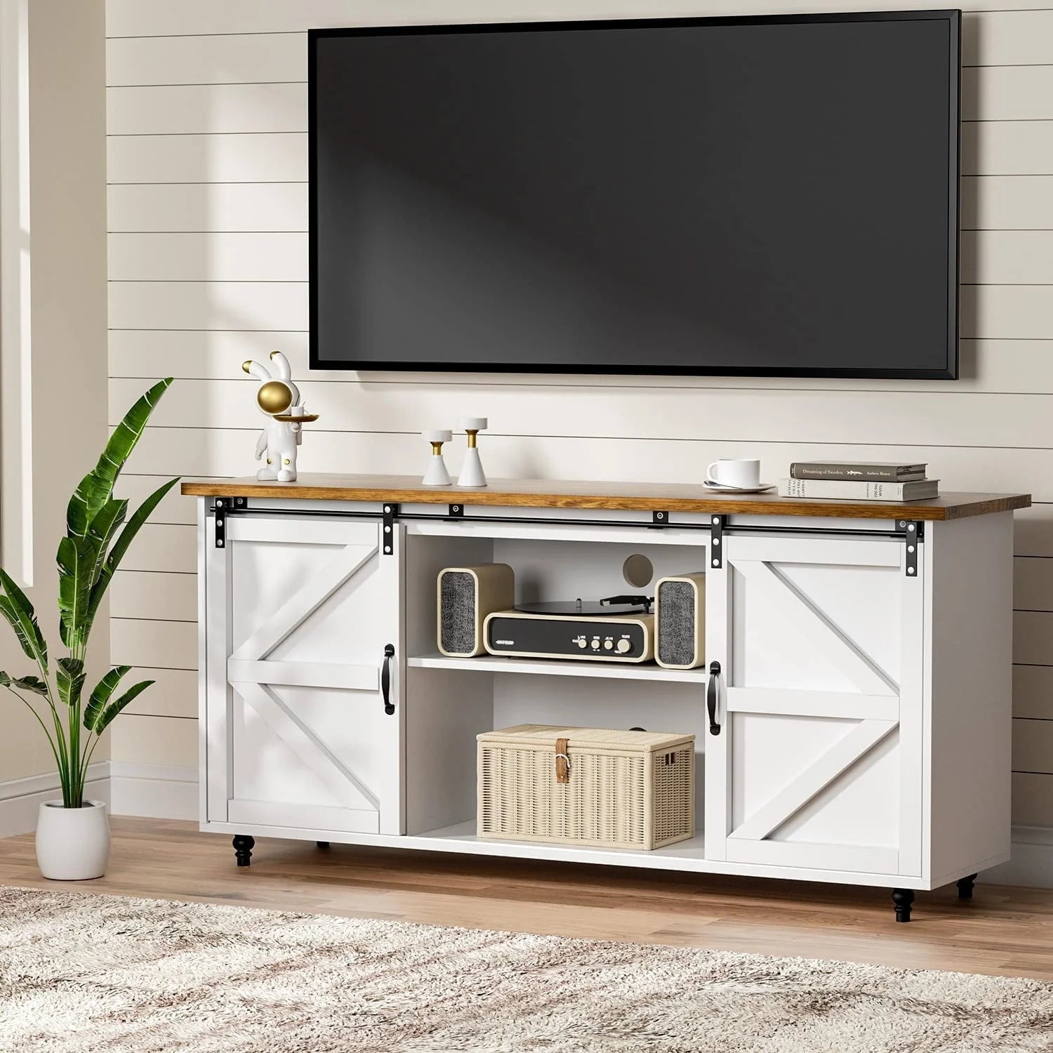 Catrimown Farmhouse Coffee Bar Cabinet, 58'' Kitchen Buffet Sideboard Storage Cabinet with Adjustable Shelves, White