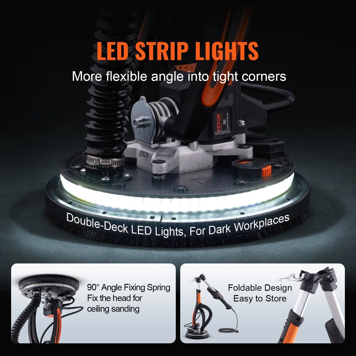 VEVOR Drywall Sander, 800W Brushless Motor Electric Sander, Variable Speed 1000-2300 RPM Wall Sander, Foldable Ceiling Sander with Double-Deck LED Lights, Extendable Handle, 12 Sanding Discs