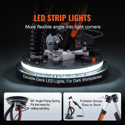 VEVOR Drywall Sander, 800W Brushless Motor Electric Sander, Variable Speed 1000-2300 RPM Wall Sander, Foldable Ceiling Sander with Double-Deck LED Lights, Extendable Handle, 12 Sanding Discs