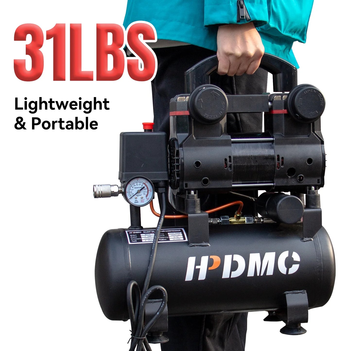 HPDMC Portable Oil-Free Air Compressor 120L/min 115psi, 110V 1-Phase with 2.5 Gallon Tank for Home, Garage & Workshop
