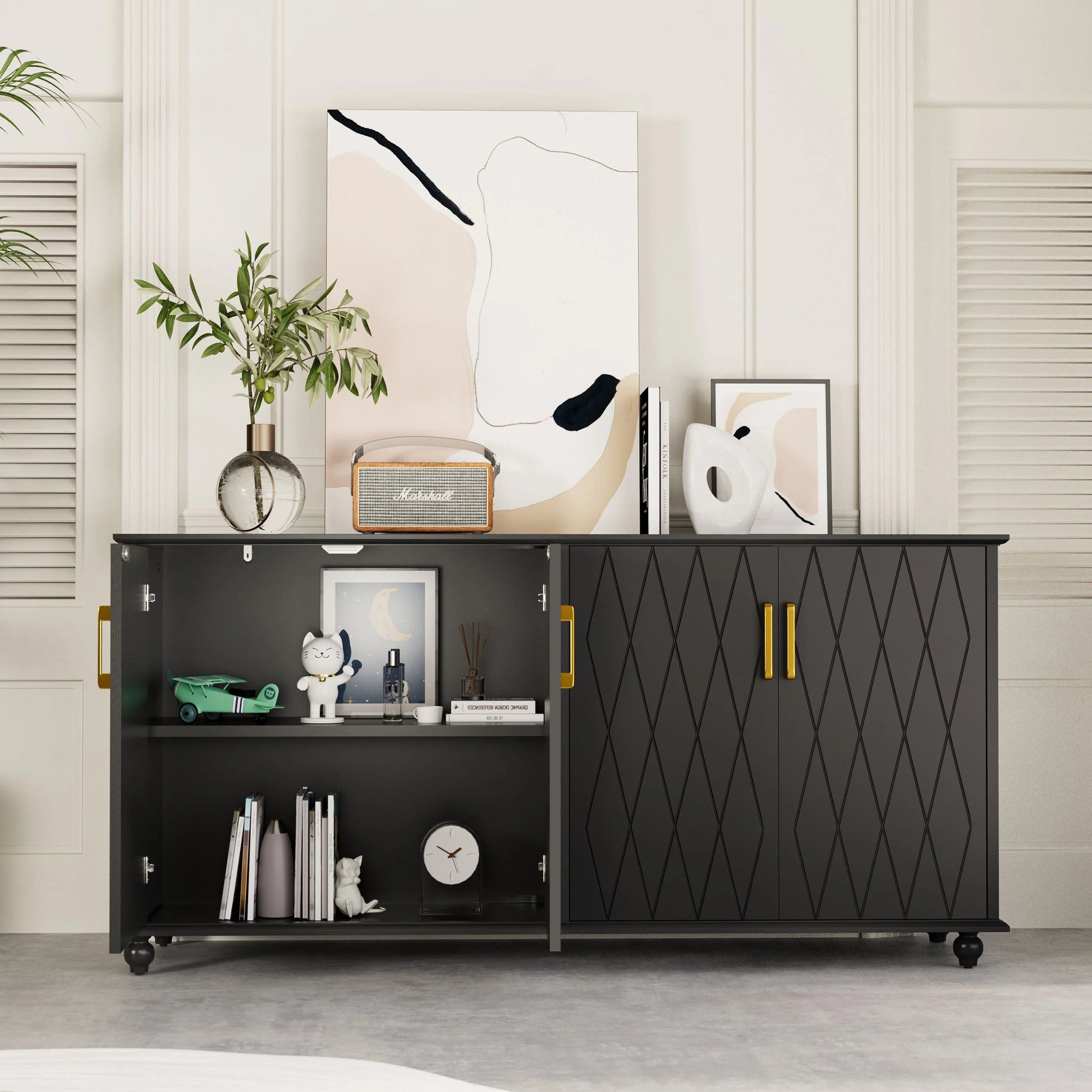 RULI Sideboard Buffet Cabinet Stand for Storage, 62 Inch Coffee Bar Cabinet with 4 Compartments, Kitchen Cupboard Console Table for Living Room, Dining Room, Black