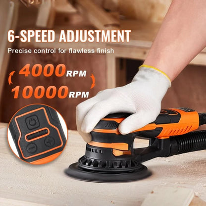 Random Orbital Sander 5 & 6-Inch, 350W Brushless Orbital Sander, 10,000 PRM 6 Variable Speed Electric Palm Sander with 20PCS Sandpapers, Dust Connector & Hose for Woodworking Detailing Sanding