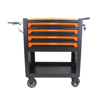 Roromall Rolling Tool Cart with Wooden Top 4 Drawers Foldable Side Panel Multi-Function Tool Chest for Garage Workshop Tool Organizer