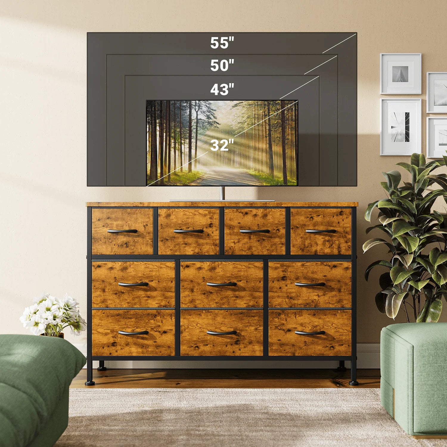 GIKPAL Dresser TV Stand, 10 Drawer Dresser for Bedroom with Power Outlet, Chest of Drawers for 55" Long TV, Fabric Dresser for Storage and Organization, Brown