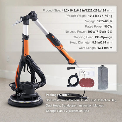 VEVOR 900W Drywall Sander Variable Speed 800 to 1800RPM, Self Suction