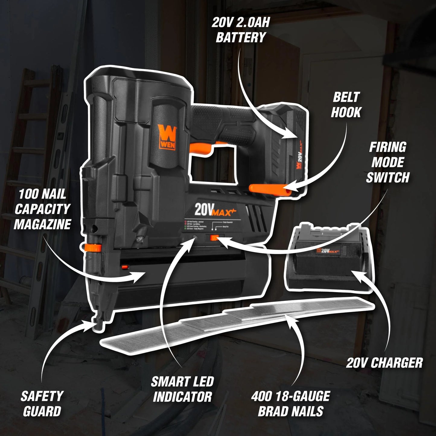 WEN 20V Max Cordless 18-Gauge Brad Nailer with 2.0Ah Battery and Charger
