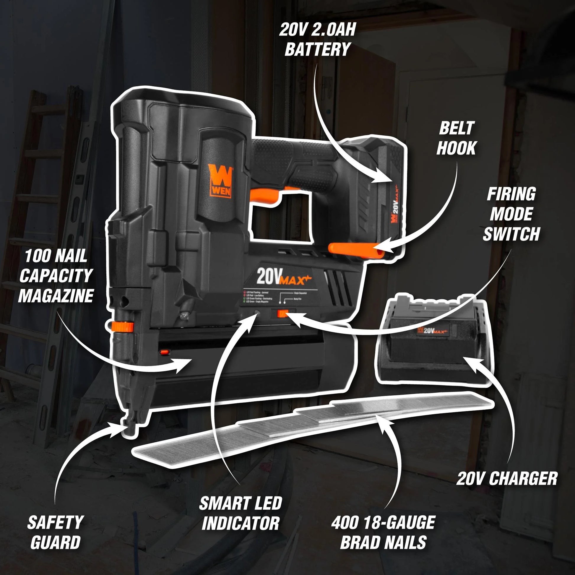 WEN 20V Max Cordless 18-Gauge Brad Nailer with 2.0Ah Battery and Charger
