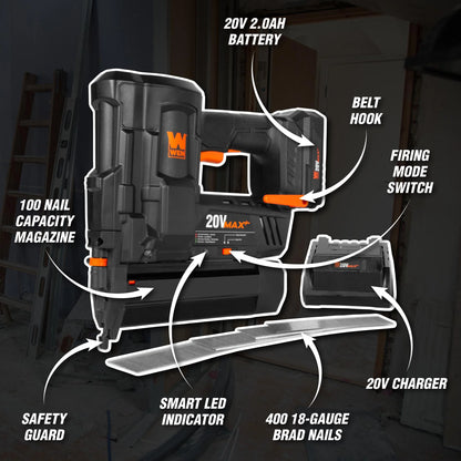 WEN 20V Max Cordless 18-Gauge Brad Nailer with 2.0Ah Battery and Charger