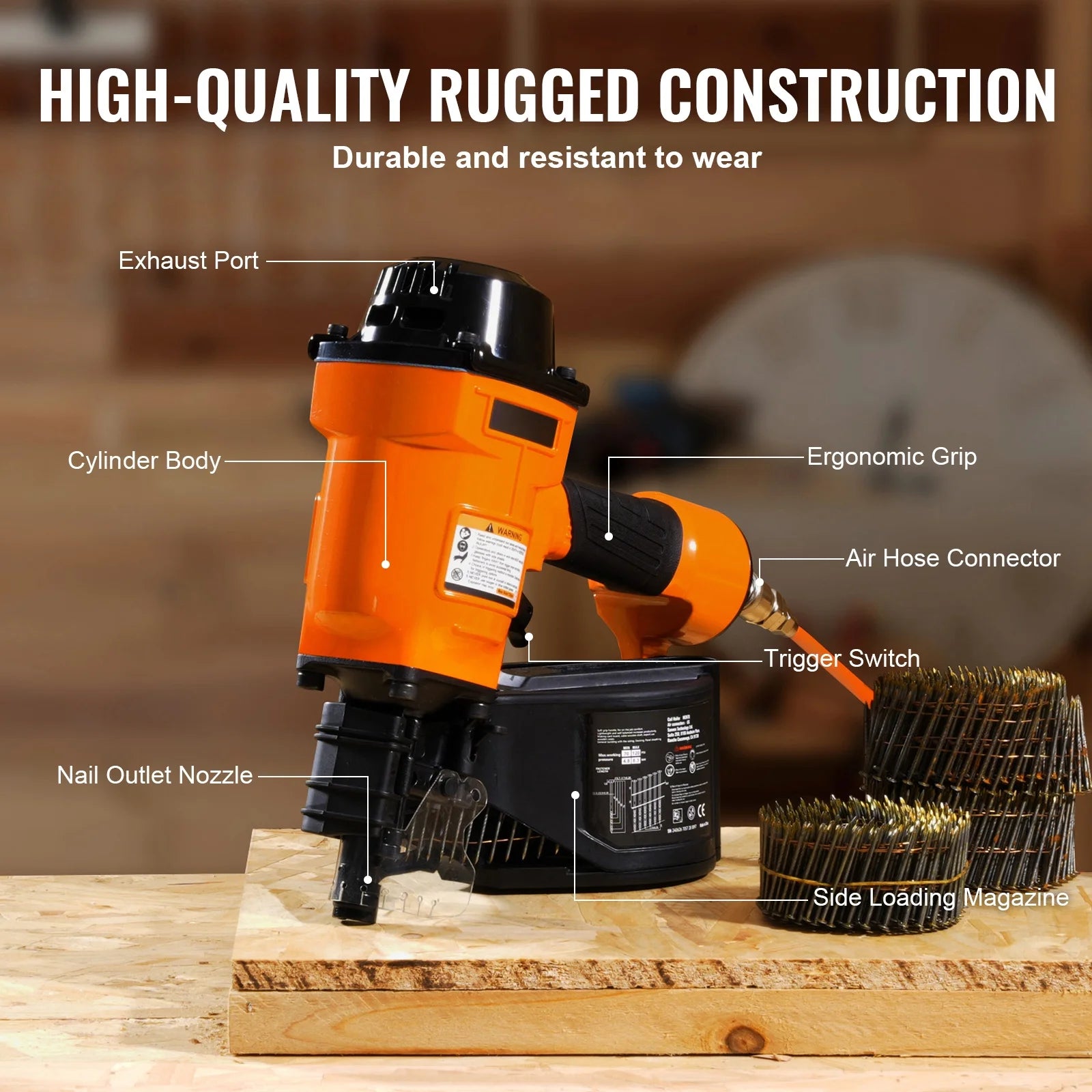 KFFKFF Pneumatic Coil Siding Nailer MCN70, Compatible with 1-3/4" to 2-3/4" Nails, 15 Degree Angle, 70-120PSI, Ideal for Pallets, Crates, Frames, Siding & Fences