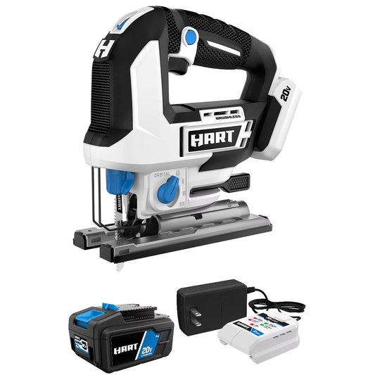 HART 20-Volt Brushless Orbital Jig Saw with 4Ah Battery and Charger Starter Kit Bundle