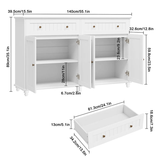 Homfa Vintage White Kitchen Buffet Sideboard, 4-Doors 2-Drawers Wood Storage Cabinet for Living Room