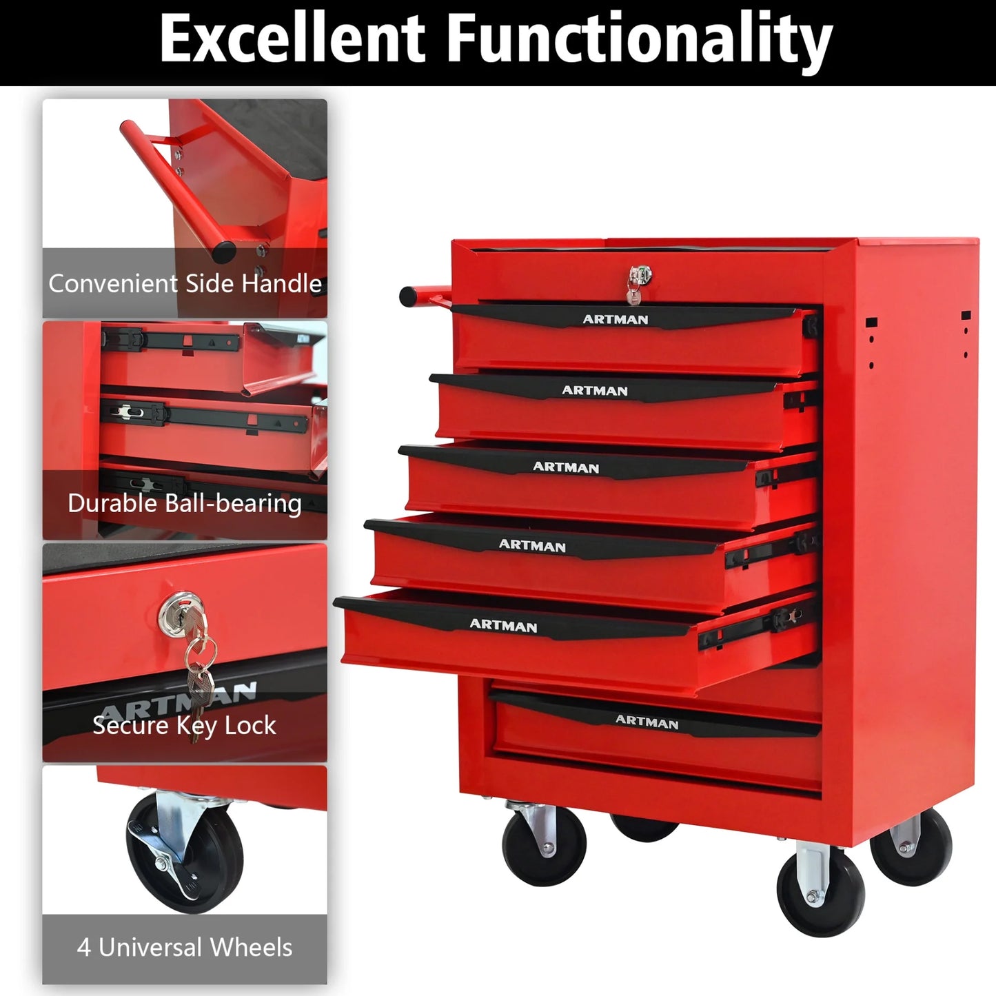 Rolling Steel Tool Chest with 7 Drawers, Ball Bearing Slides & 4-Wheel Mobility - Lockable Storage Cabinet for Workshop or Garage