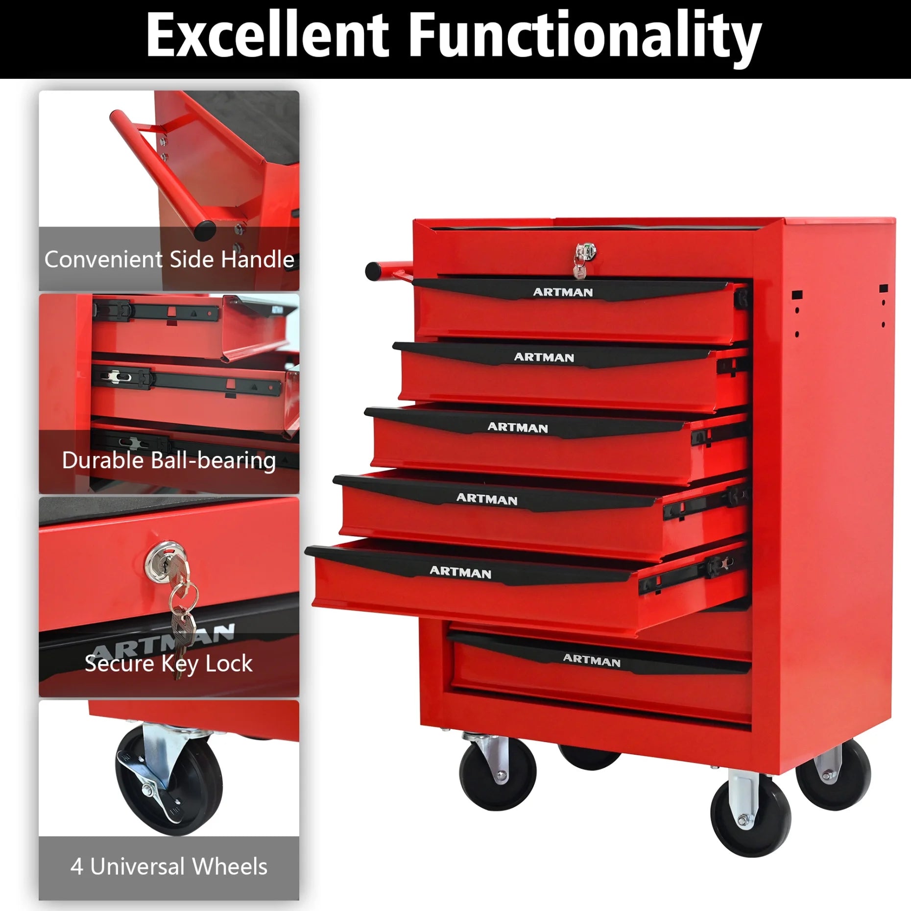 Rolling Steel Tool Chest with 7 Drawers, Ball Bearing Slides & 4-Wheel Mobility - Lockable Storage Cabinet for Workshop or Garage