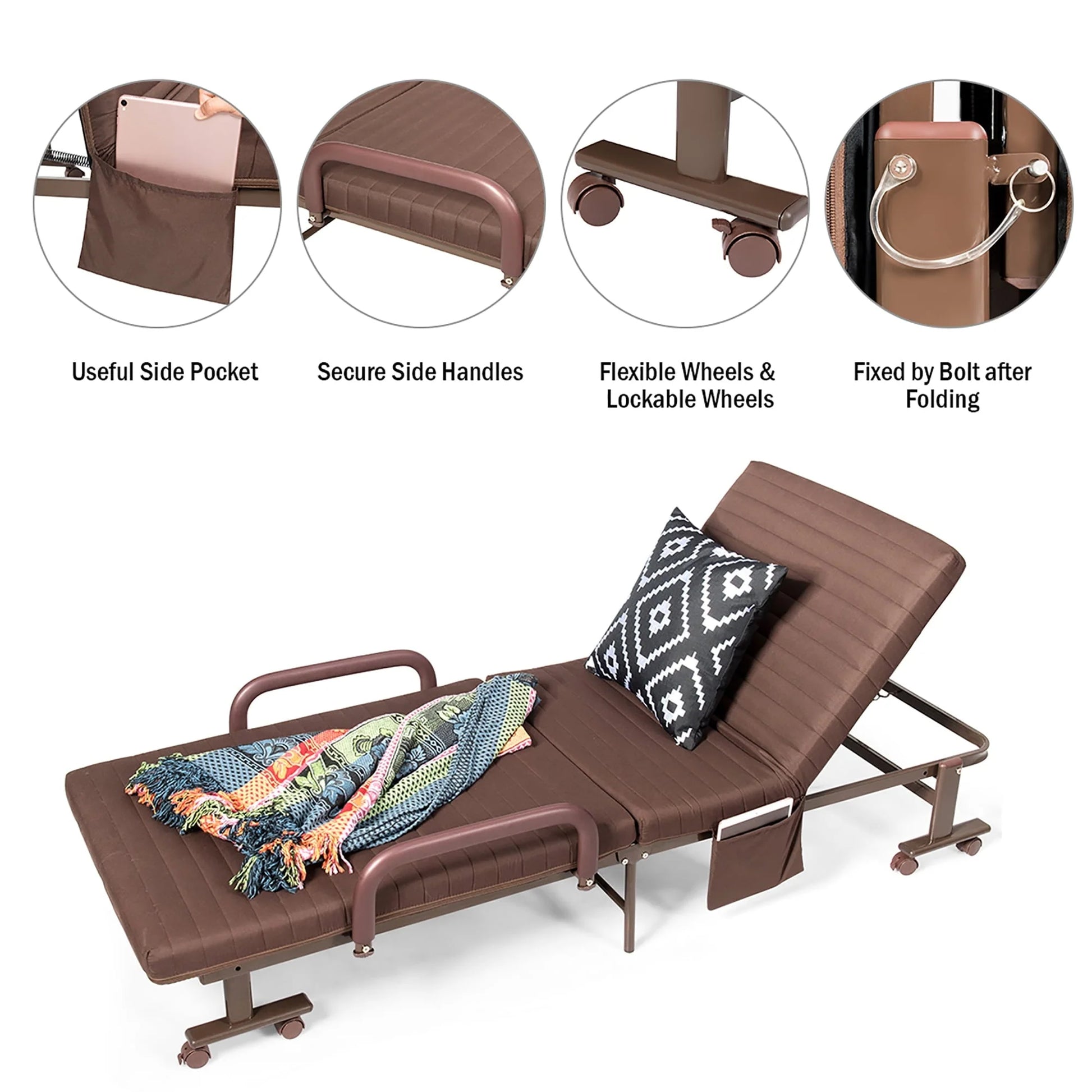 Giantex Folding Guest Bed, Single Bed with with Mattress and Heavy Duty Metal Frame, Adjustable Folding Sleeper Bed with Storage Bag, Portable Sleeper Bed with Wheels for Home, Office, Outdoor (Brown)