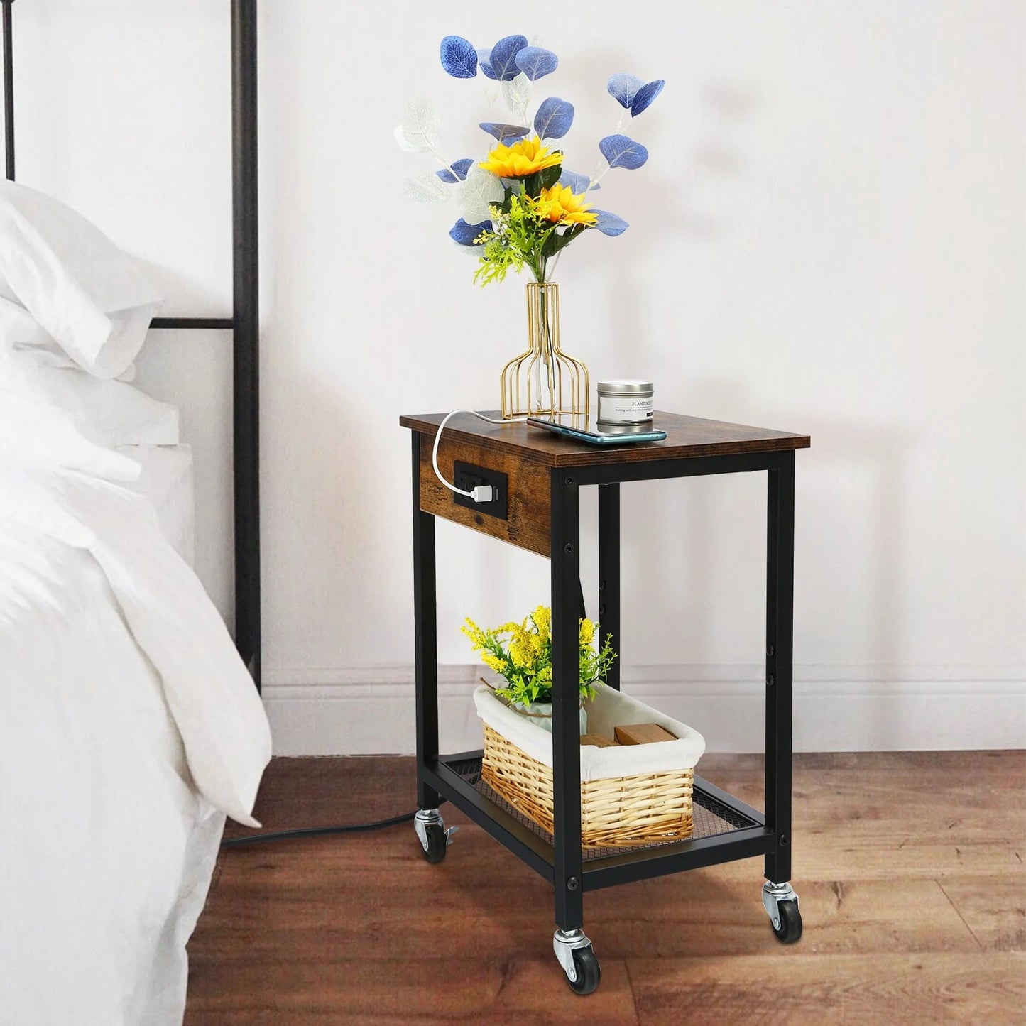 TC-HOMENY End Table with Charging Station & USB Ports, Side Table with Wheels & Storage Shelf Nightstand for Living Room Bedroom, Brown,Wood