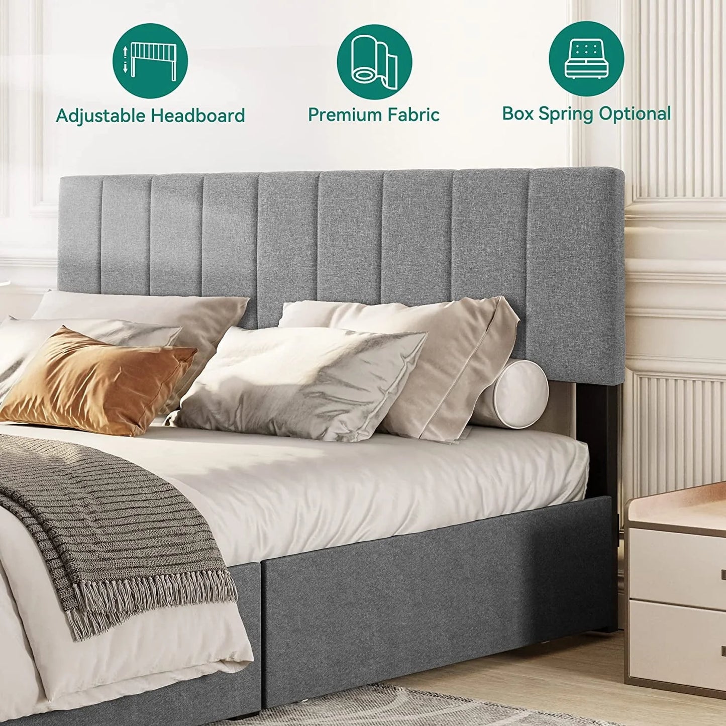 Dextrus Upholstered Platform Bed Frame with 4 Storage Drawers and Adjustable Headboard, Mattress Foundation with Sturdy Wood Slat Support, No Box Spring Needed, Grey(Queen)