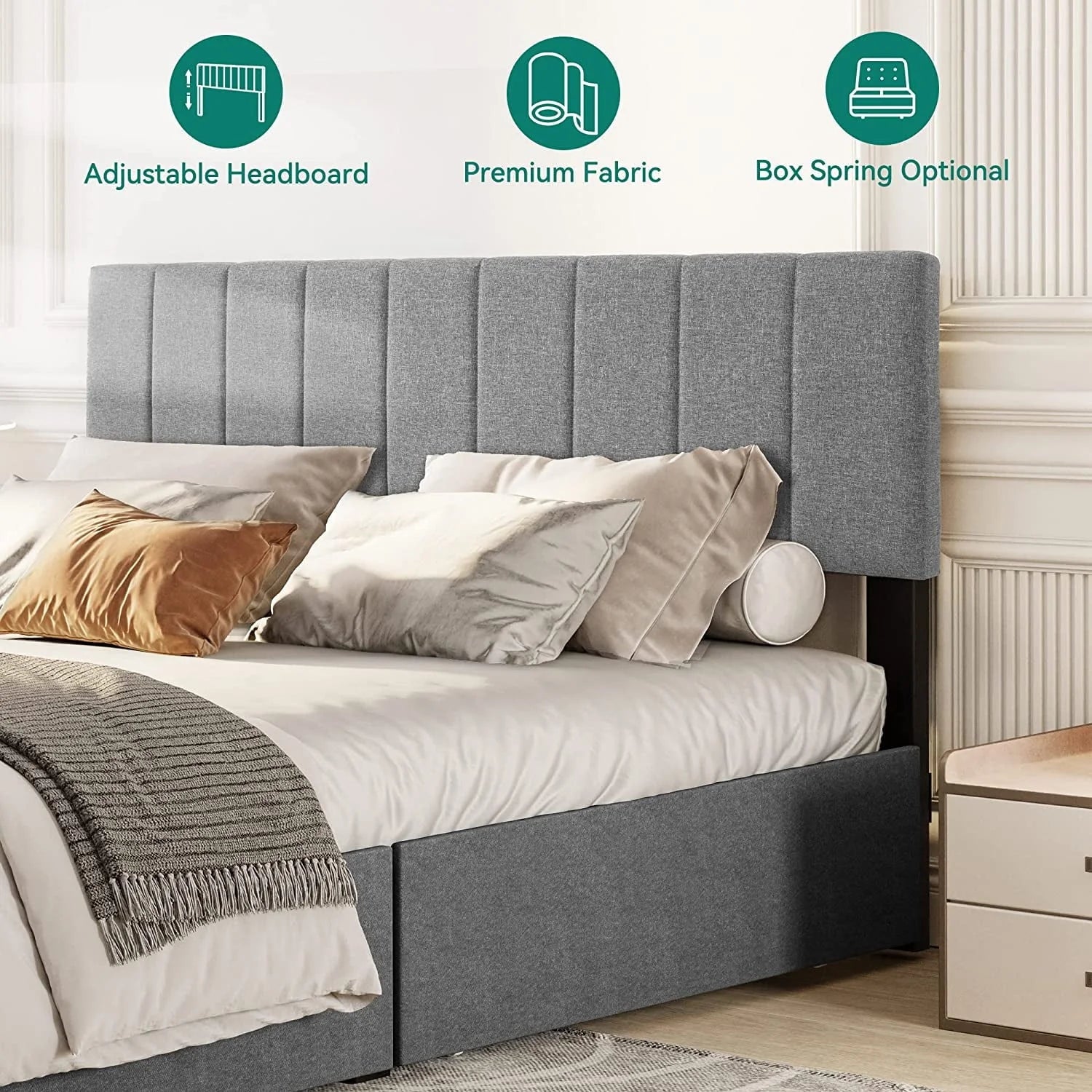 Dextrus Upholstered Platform Bed Frame with 4 Storage Drawers and Adjustable Headboard, Mattress Foundation with Sturdy Wood Slat Support, No Box Spring Needed, Grey(Queen)