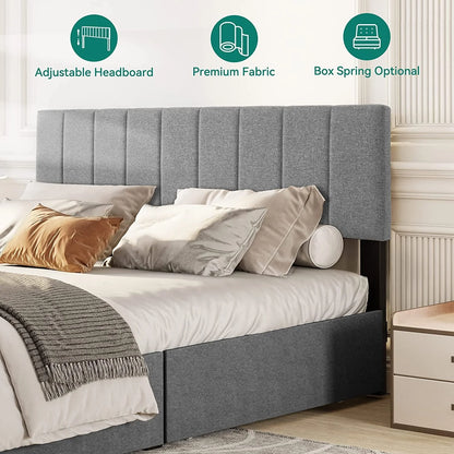 Dextrus Upholstered Platform Bed Frame with 4 Storage Drawers and Adjustable Headboard, Mattress Foundation with Sturdy Wood Slat Support, No Box Spring Needed, Grey(Queen)