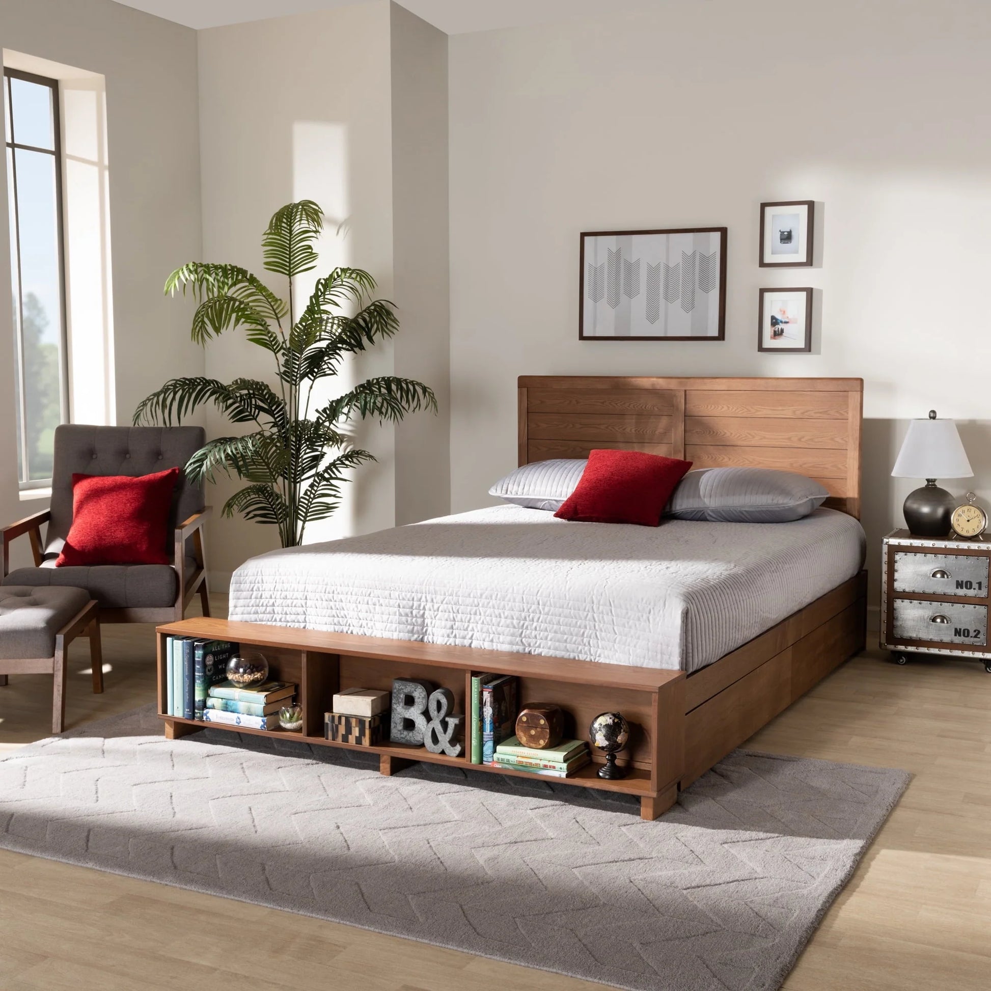 Baxton Studio Alba Modern Transitional Ash Walnut Brown Finished Wood Queen Size 4-Drawer Platform Storage Bed with Built-In Shelves