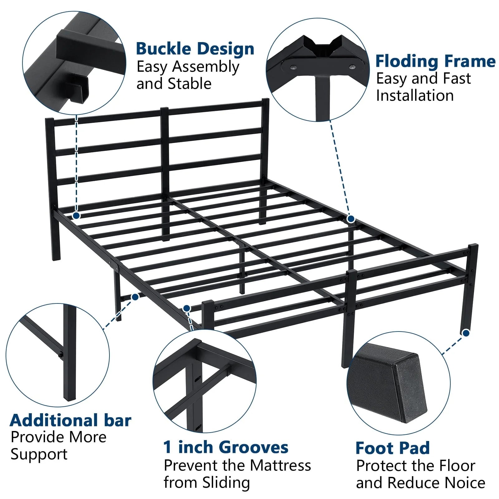 Lusimo King Bed Frame with Headboard and Footboard 14 Inch Sturdy Metal Platform King Size Bed Frame with Under Bed Storage Space Anti-Slip Noise-Free Mattress Foundation for Adult