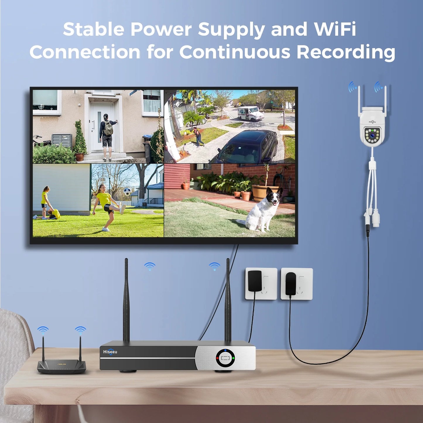 Hiseeu 3MP Wireless Outdoor Security System,4 CCTV PTZ Cameras with 2.4G WiFi,4K 16-Channel NVR,2-Way Audio, Color Night Vision, Human Detection,24/7 Surveillance-No HDD