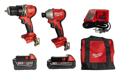 Milwaukee 3693-22CX M18 Compact Brushless 2-Tool Combo Kit - 1/2" Hammer Drill & 1/4" Impact Driver with (2) Batteries, Charger & Bag - Ideal for Drilling, Fastening, and Wordworking Applications