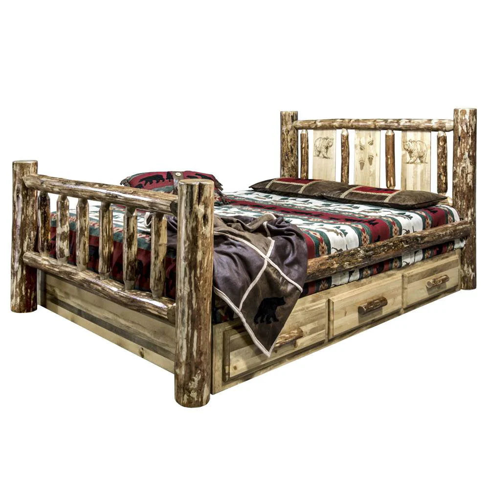 Bear Design Storage Engraved Bed in Stain and Clear Lacquer (Twin: 87 in. L x 46 in. W x 47 in. H (314 lbs.))
