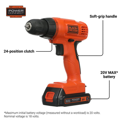 BLACK+DECKER 20V Cordless Drill, 1.5 Amps, 100 Piece Set, Battery and Charger Included