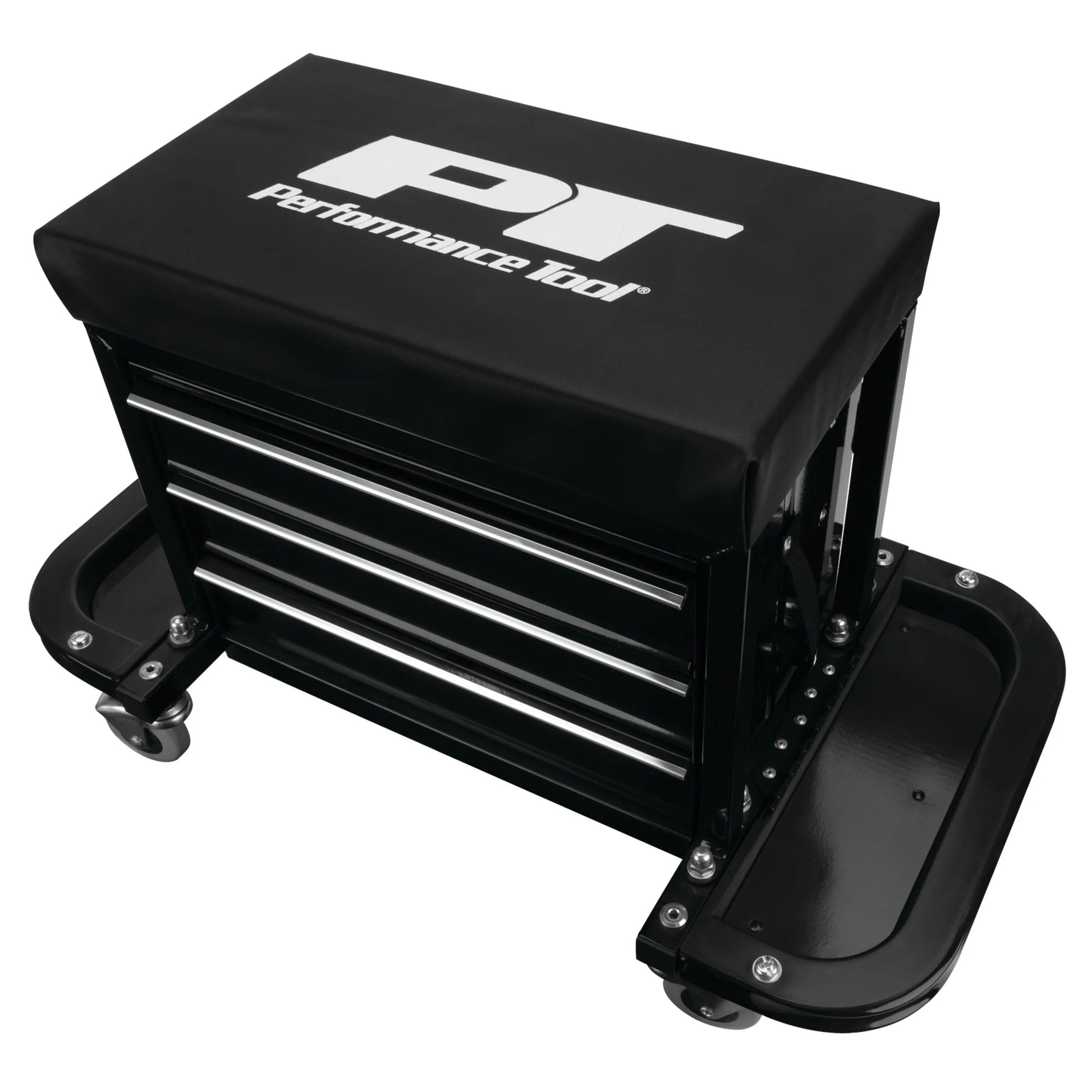Performance Tool W85025 3-Drawer Rolling Tool Chest Seat with Magnetic Side Trays, 350 Lbs. Capacity, Rear Tray, Black
